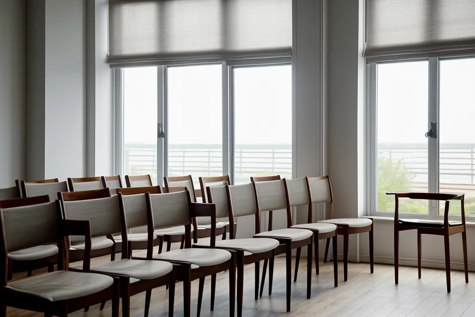 Mains posées calmement sur une table de réunion devant un ordinateur portable