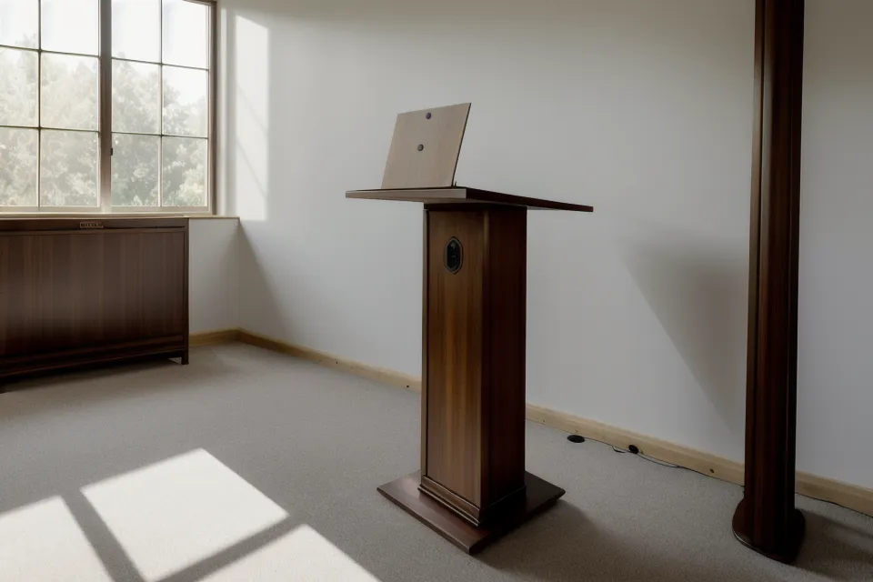 Vue de dos d'un orateur debout face à un petit groupe flou dans un bureau.