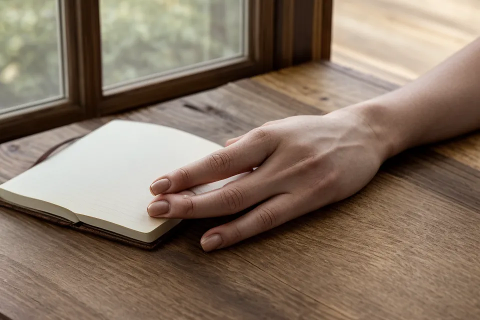 Main posée sur une table de réunion à côté d'un carnet