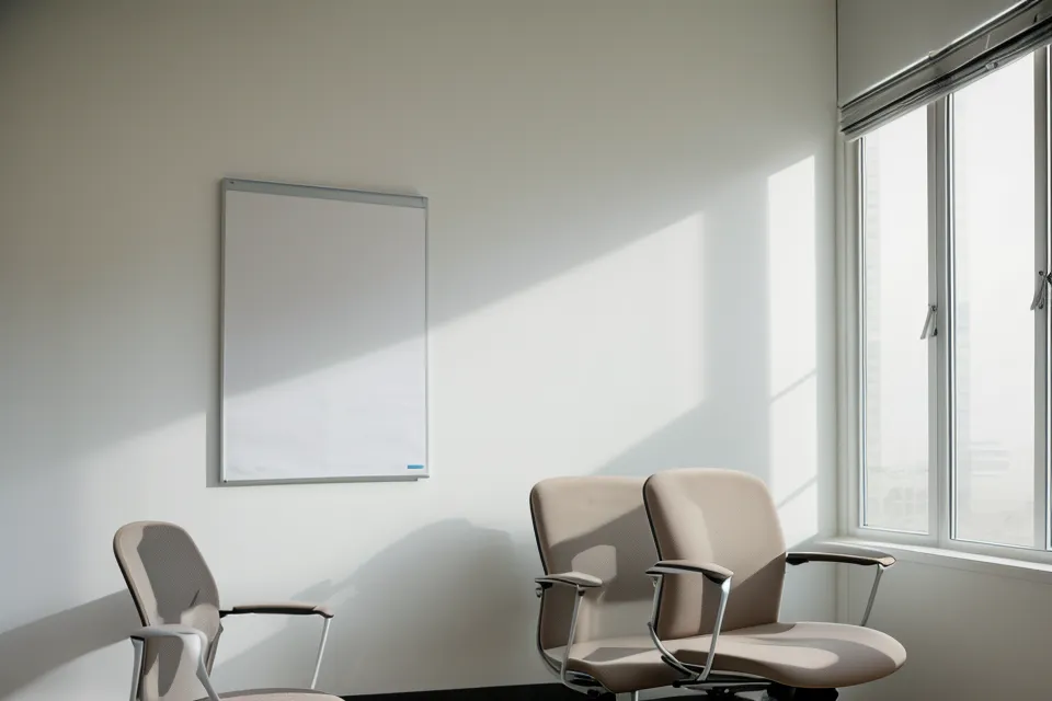 Chaise de bureau face à un tableau blanc dans une salle de réunion vide