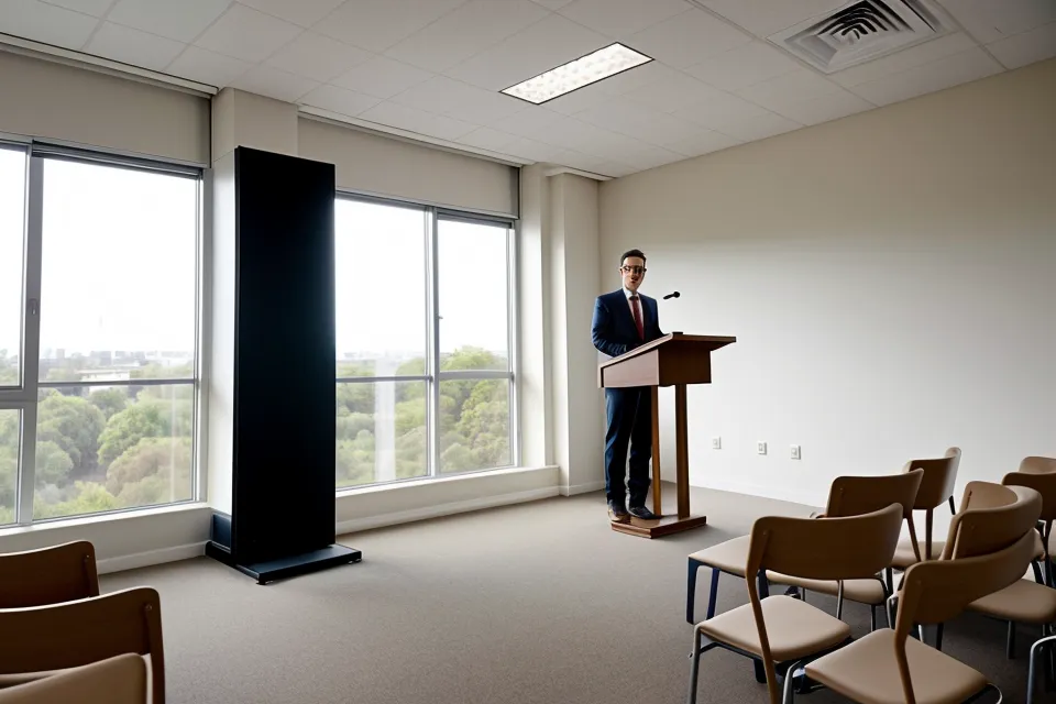 Vue de dos d'un orateur face à une salle de réunion vide pour l'entraînement