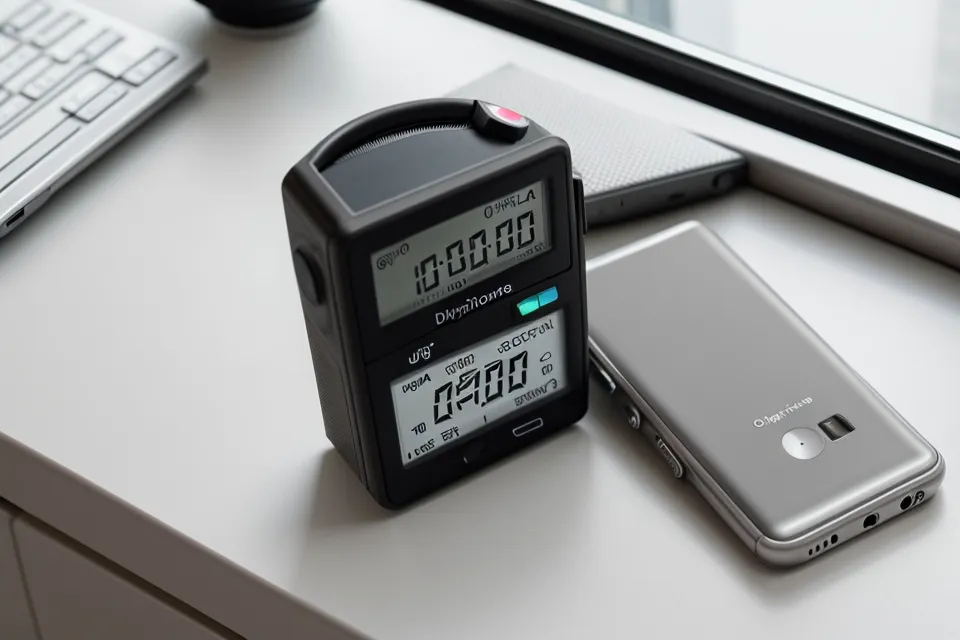 Un smartphone affichant une application d'enregistrement vocal sur un bureau blanc.