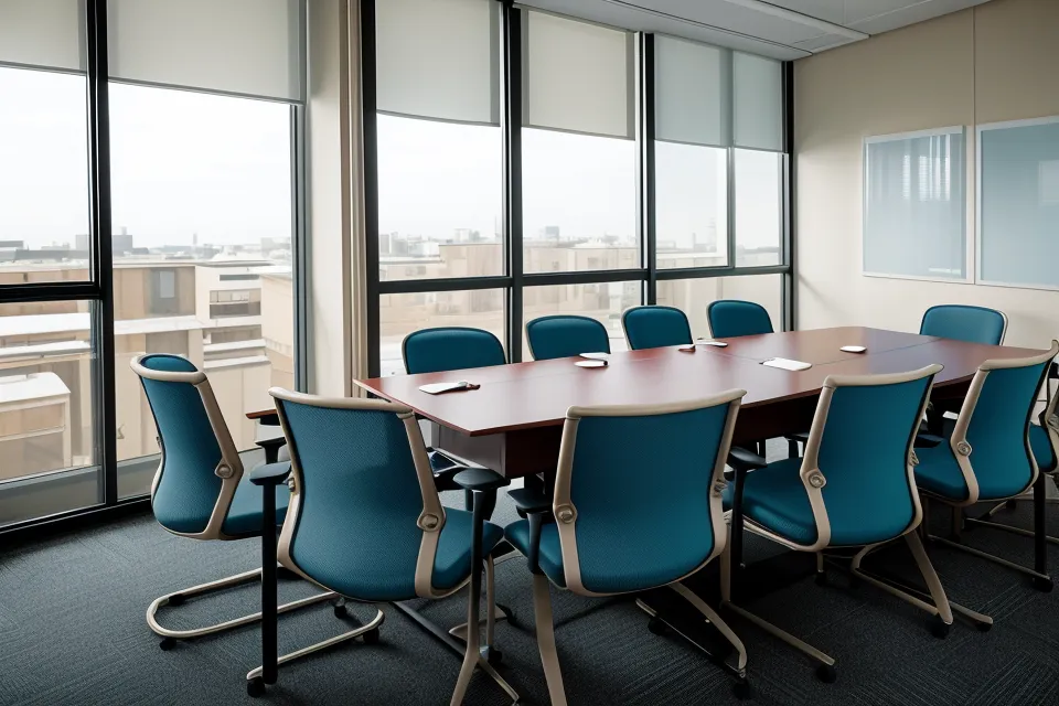 Vue de dos d'un pupitre face à des rangées de chaises vides dans un bureau.