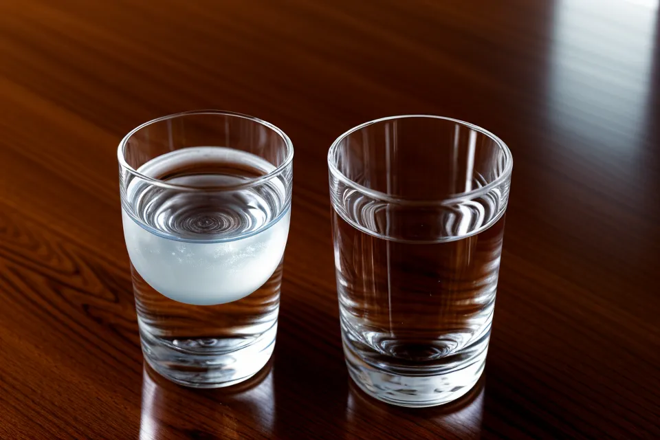 Gros plan d'un verre d'eau sur une table de conférence avec de légères ondulations.