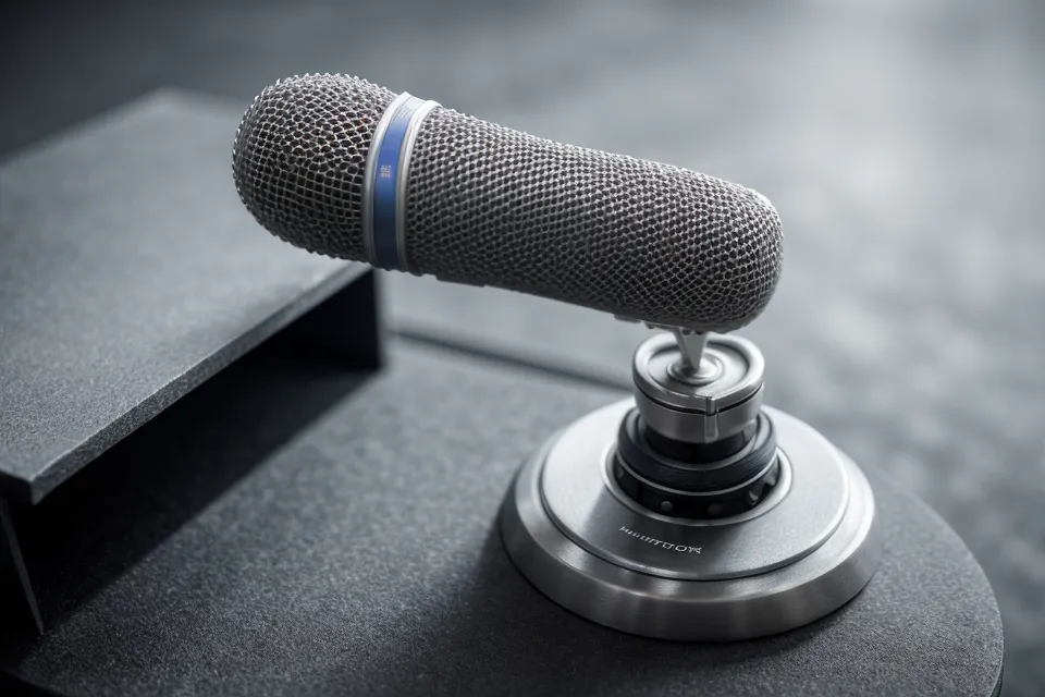 Détail de la base métallique d'un microphone sur un pupitre de conférence.