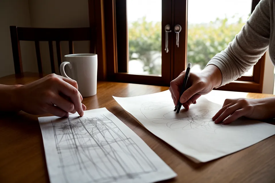 Gros plan sur des mains dessinant des schémas de logique sur une serviette en papier.