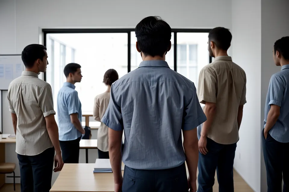 Vue de dos d'un homme s'adressant calmement à un petit groupe en bureau.