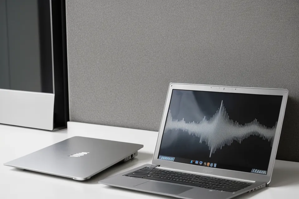 ordinateur portable affichant une onde sonore d'enregistrement sur un bureau de bureau