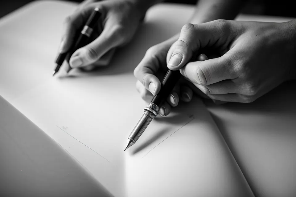 Gros plan de mains tenant un stylo au-dessus d'un schéma de rhétorique classique.