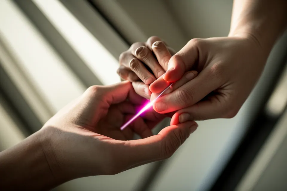 Mains serrées sur un pointeur laser tremblant, signe de stress en prise de parole lors d'une réunion