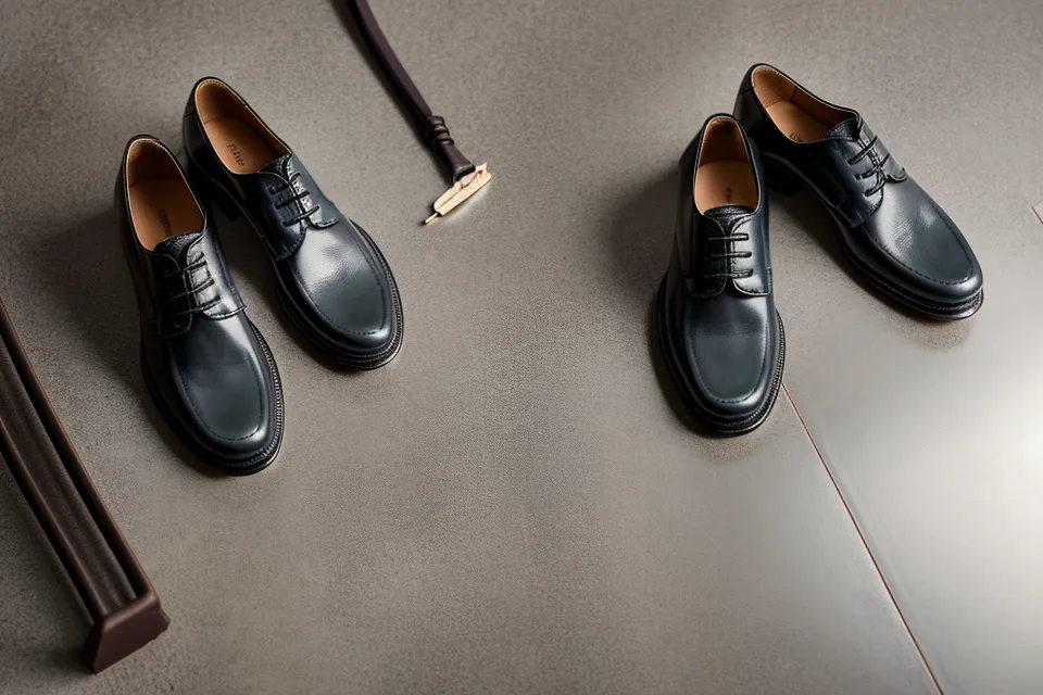 Gros plan de chaussures professionnelles posées sur un sol de bureau poli.