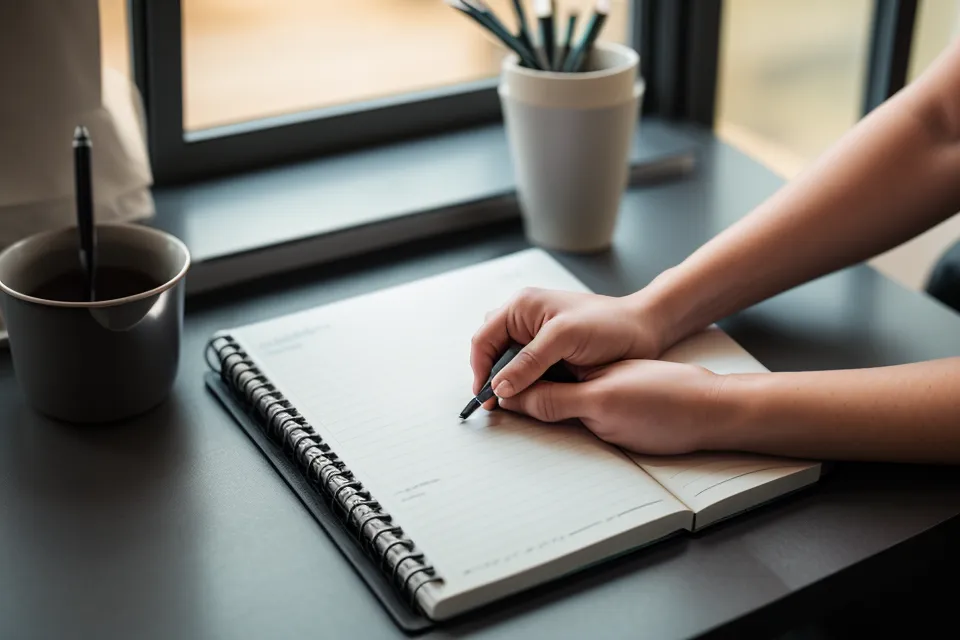 Gros plan sur des mains posées sur un carnet de notes professionnelles.