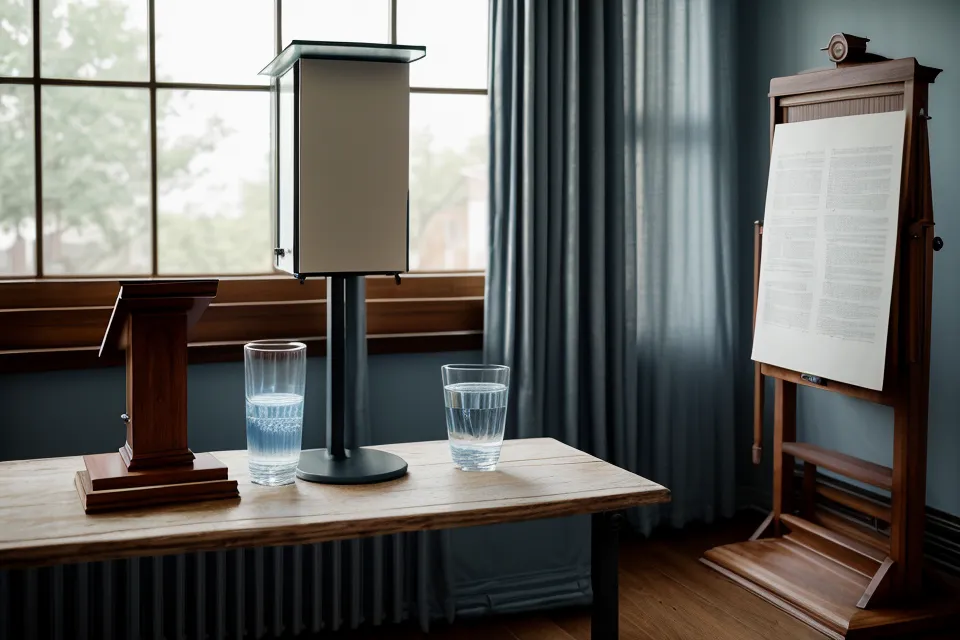 Gros plan d'un verre d'eau sur un bureau à côté d'un écran d'ordinateur flou.