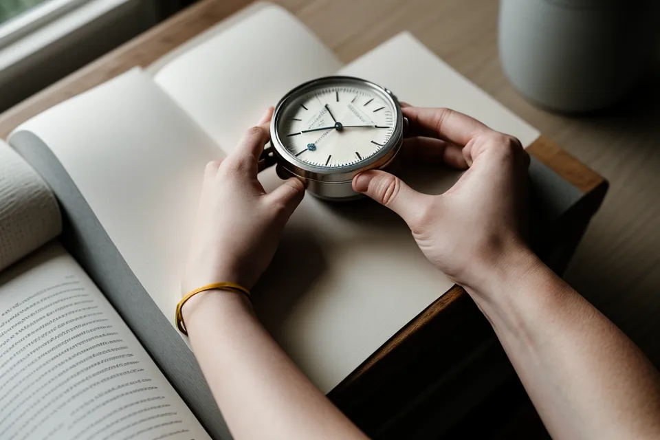 Gros plan de mains tenant un chronomètre et une feuille de papier surlignée