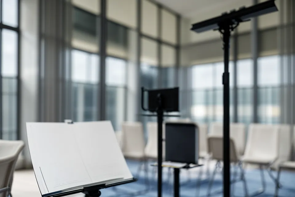 Vue floue depuis la perspective d'un orateur face à des chaises de bureau vides
