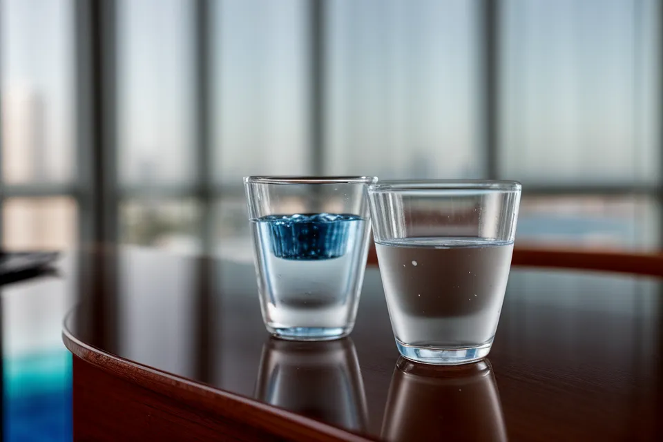 Un verre d'eau et une télécommande de présentation sur une table de conférence avant une intervention en séminaire d'entreprise