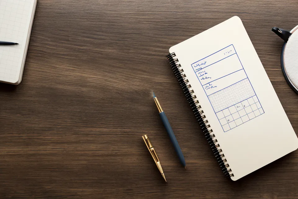 Un carnet de notes et un casque audio sur une table de travail