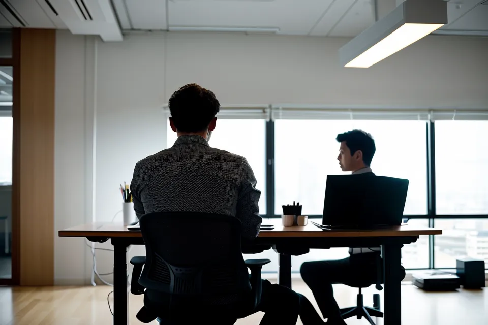 Vue de dos d'un employé préparant une présentation sur son écran