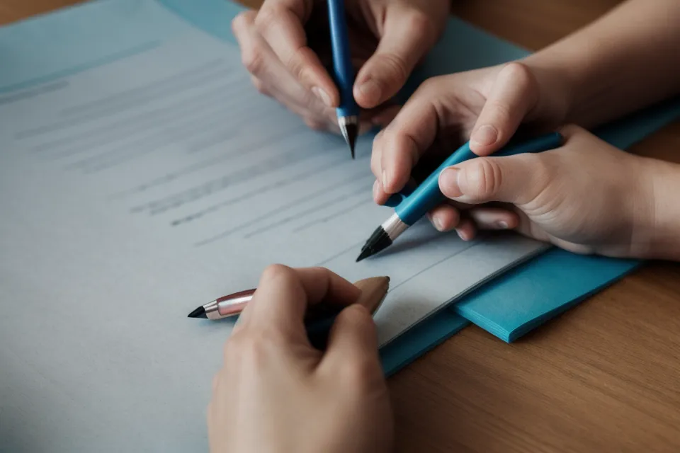 Gros plan sur des mains tenant un stylo au-dessus d'un document technique lors d'une réunion.