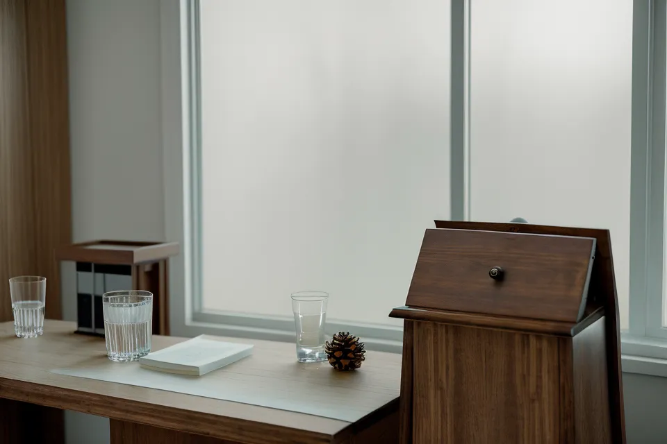 Gros plan de mains posées à plat sur une table en bois lors d'une présentation professionnelle.