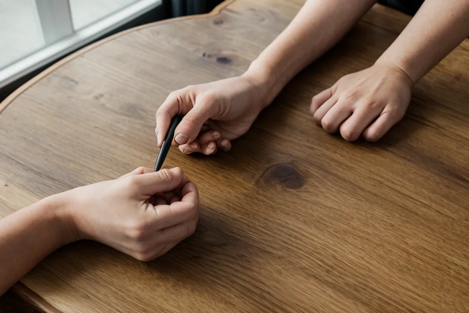 Gros plan sur des mains tenant un stylo au-dessus d'un schéma technique en réunion.