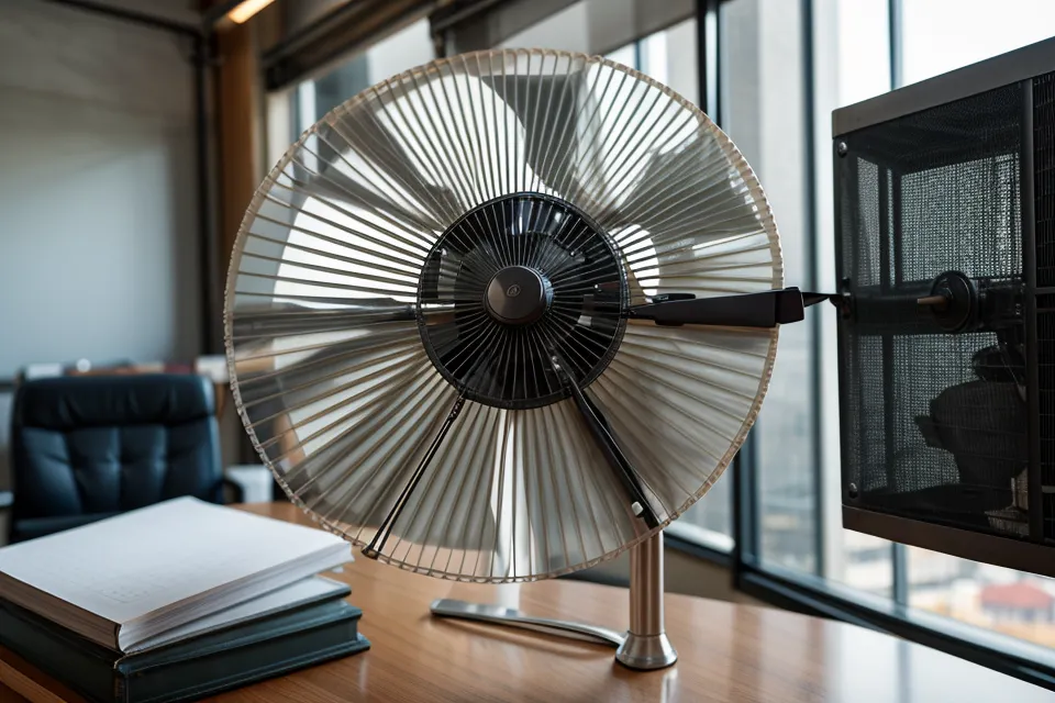Un vieux ventilateur de bureau et une pile de rapports logistiques dans une salle de réunion.